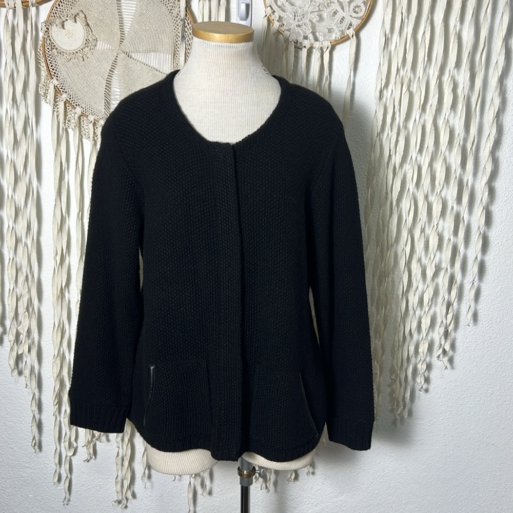 Eileen Fisher Black Zip Front Wool Yak and Leather Trim Sweater Jacket Large